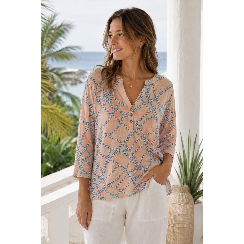 J.McLaughlin Soft Coastal Boho‎ Abstract Top Artsy Resort Casual Quiet Luxury